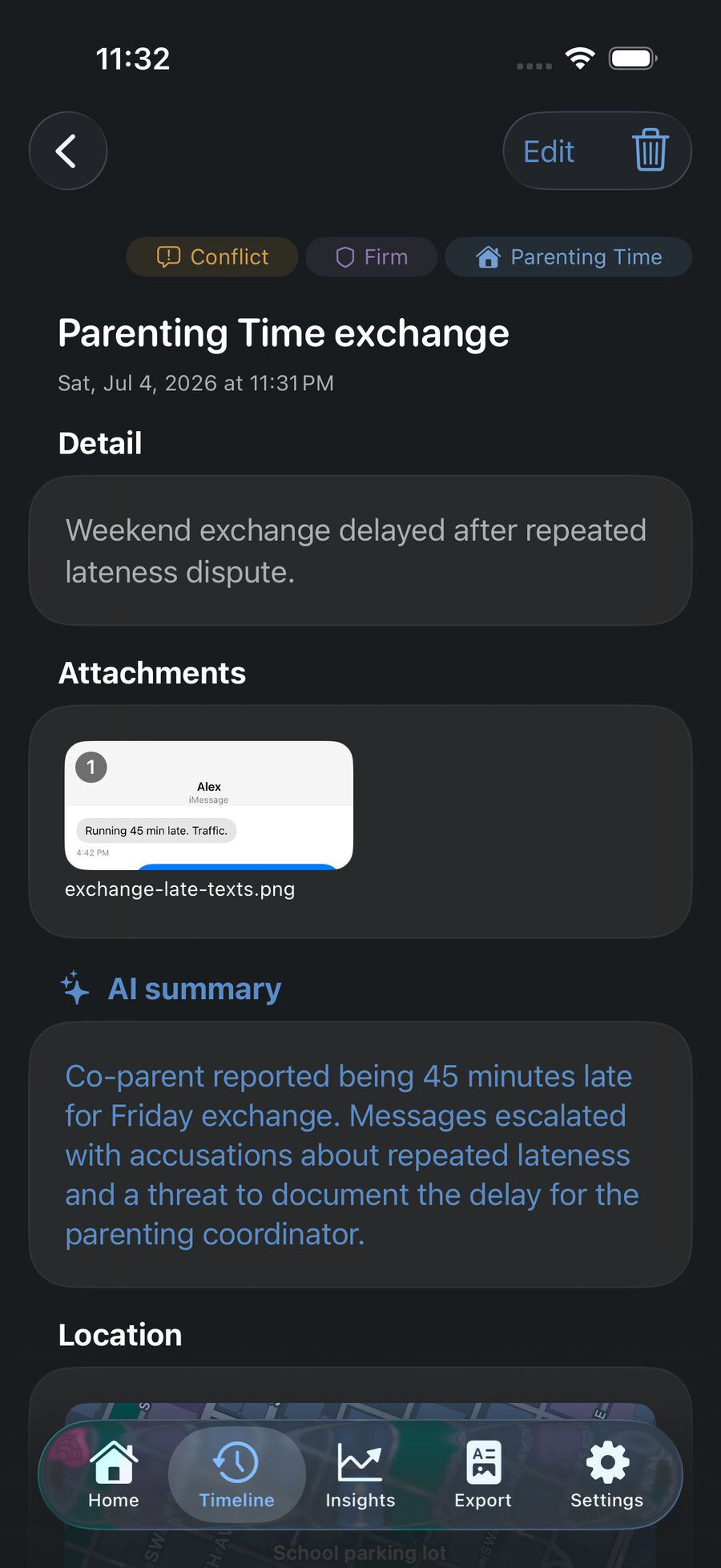 CoParent.ly event detail — attachments, AI summary, and location kept with a sample record