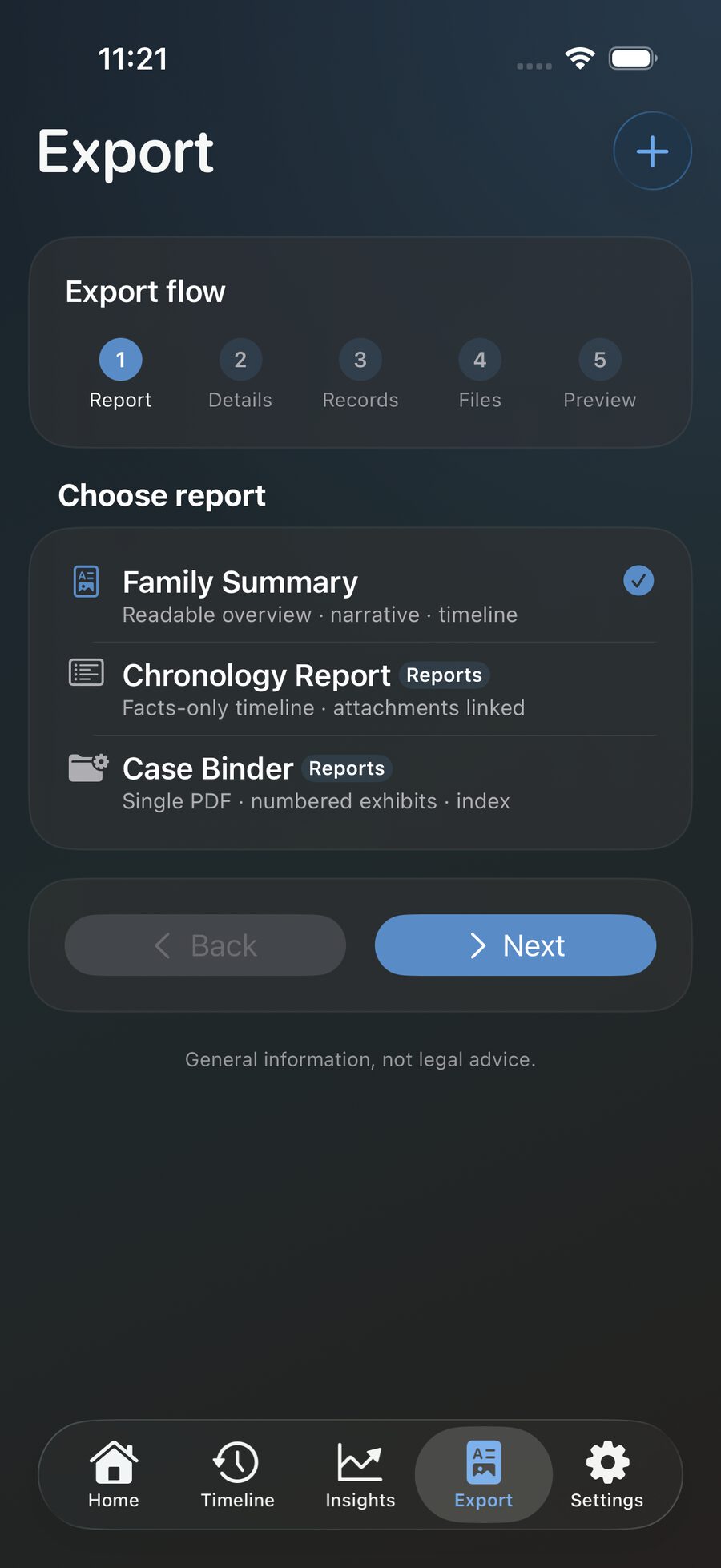 CoParent.ly Export — Family Summary, Chronology Report, or Case Binder