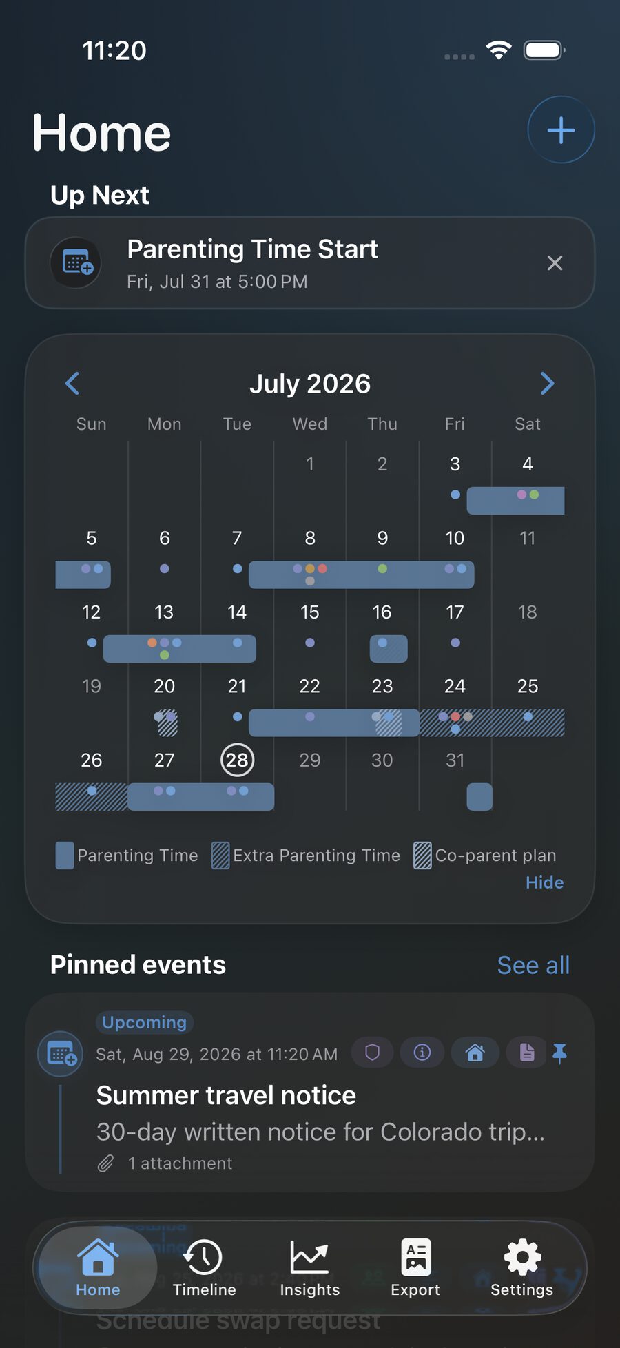 CoParent.ly Home — calendar with parenting time and pinned events from sample records