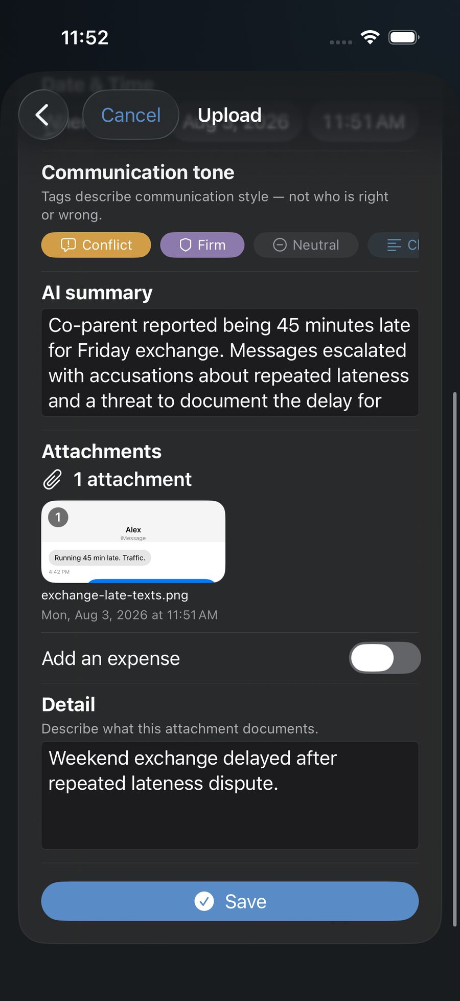 CoParent.ly Upload review — AI summary, tone, and linked screenshot from a sample import